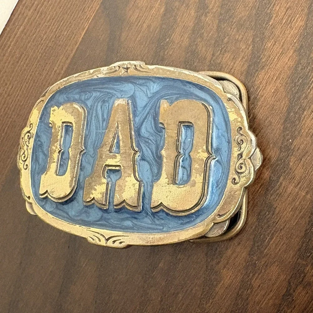 Vintage DAD Belt Buckle Blue Enamel Brass Tone Father's‎ Day Gift